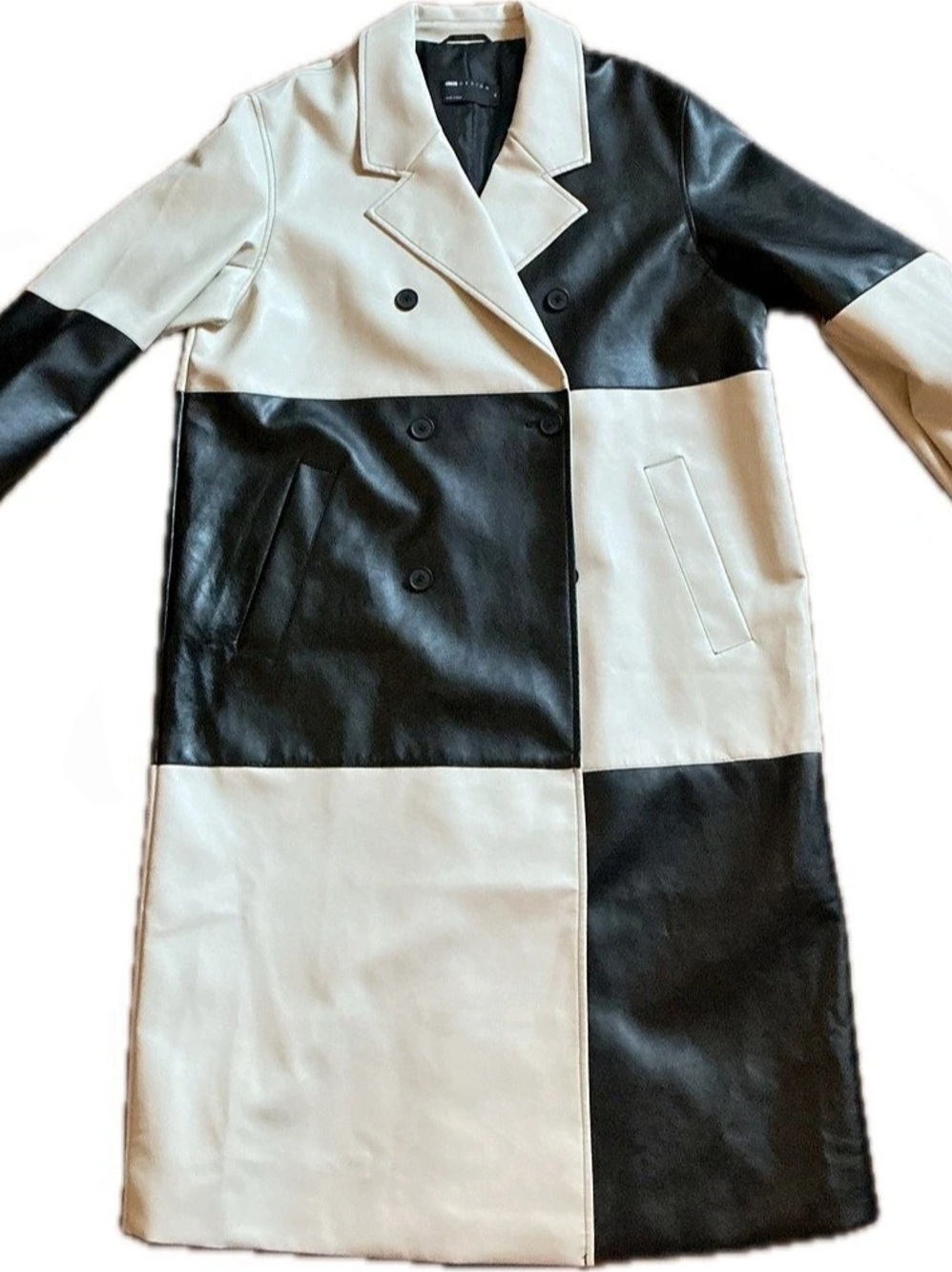 ASOS DESIGN oversized faux leather color block trench in black and white Black &